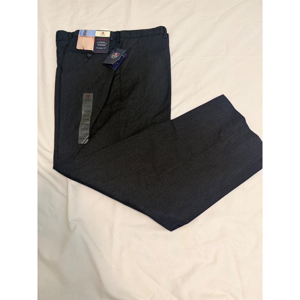 Chaps Men 40x30 Classic Herringbone Dress Pants Charcoal Grey Flat Front NWT